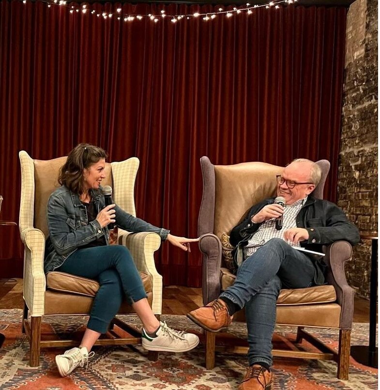 Kimberly Senior in conversation with Chicago Tribune critic Chris Jones in wingback chairs at The Understudy bookstore