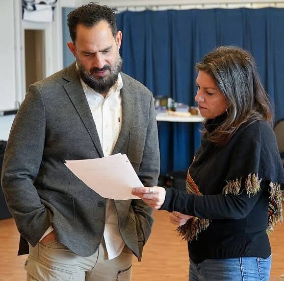 Kimberly Senior and actor Patrick Sabongui looking over a page of script together in rehearsal for ART at the Guthrie Theater