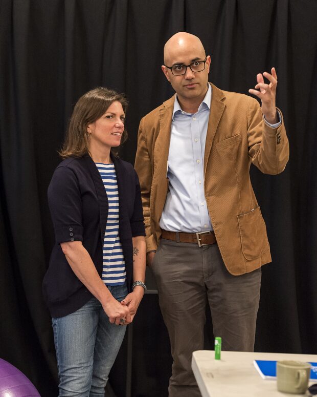 Kimberly Senior with playwright Ayad Akhtar backstage during a Disgraced rehearsal