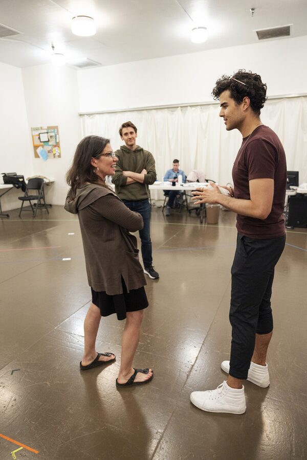 Kimberly Senior talking a scene through with an actor in the rehearsal room